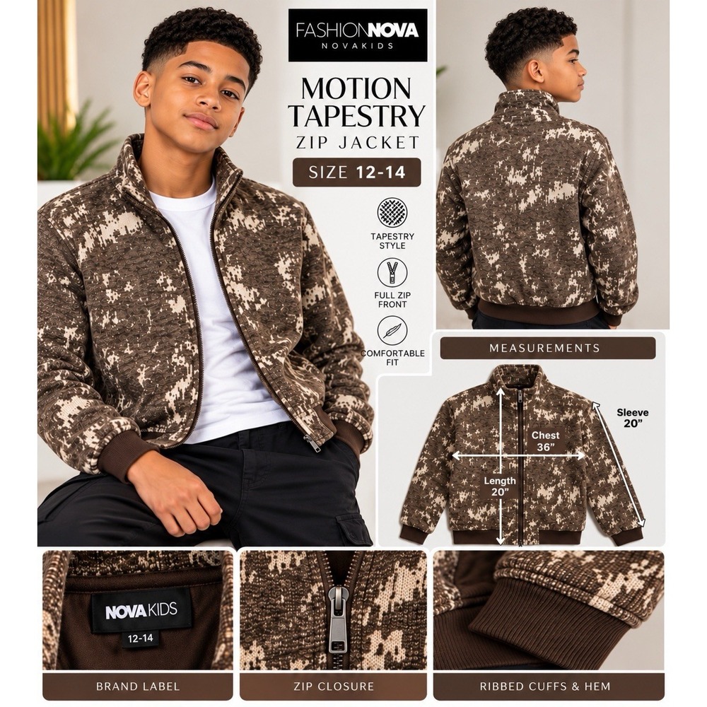 NWOT Fashion Nova NovaKids Motion Tapestry Zip Jacket Boys Size 12-14 Brown Crea